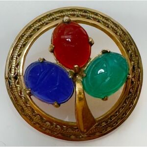 Vintage WRE Scarab Brooch 1/20 12K Gold Filled Carved Glass Egyptian Revival Pin